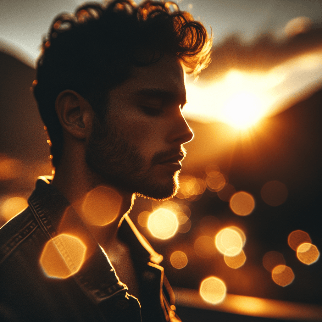 Cinematic portrait AI photo prompt example — golden hour dramatic rim lighting