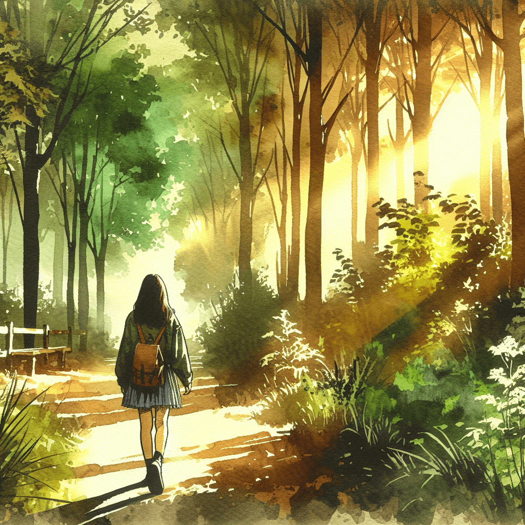 Studio Ghibli style AI photo prompt example — anime illustration of a woman in a sunlit forest