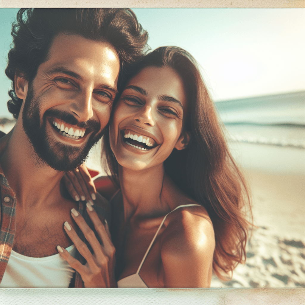 Polaroid vintage AI photo prompt example — faded grain couple at the beach